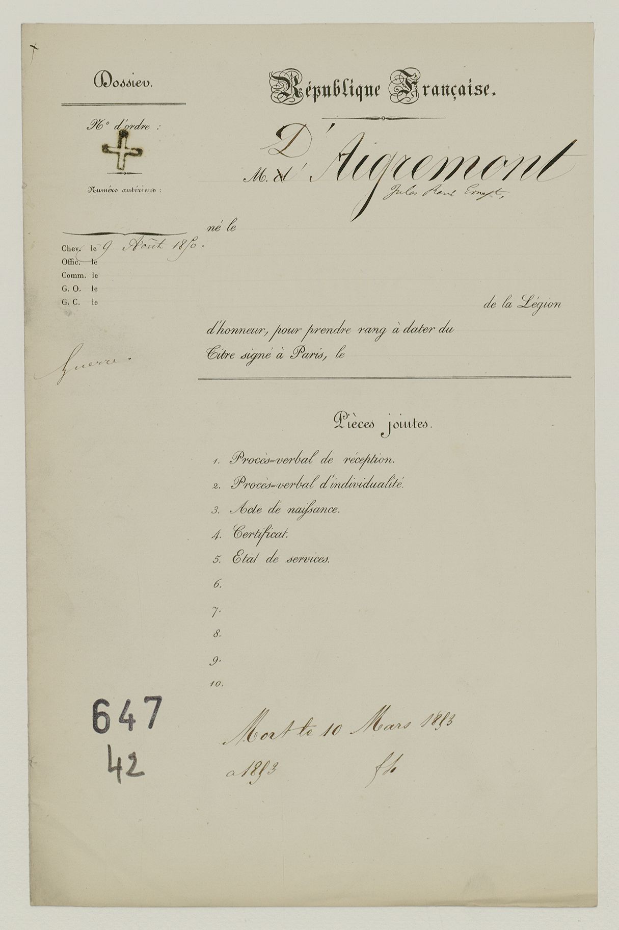 Aigremont D', Jules René Ernest (1817-....)