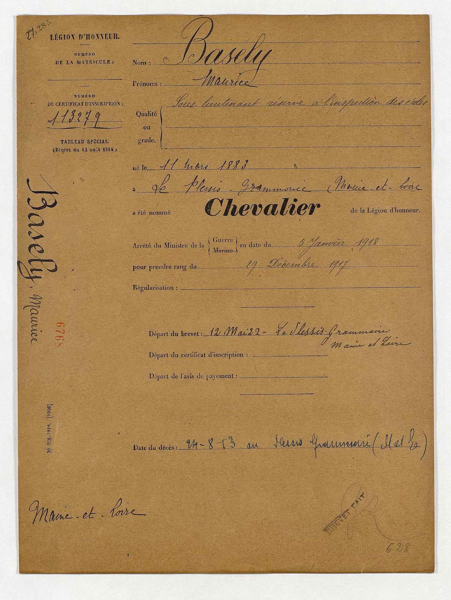 Basely Basely, Maurice (1883-....) (FranceArchives)