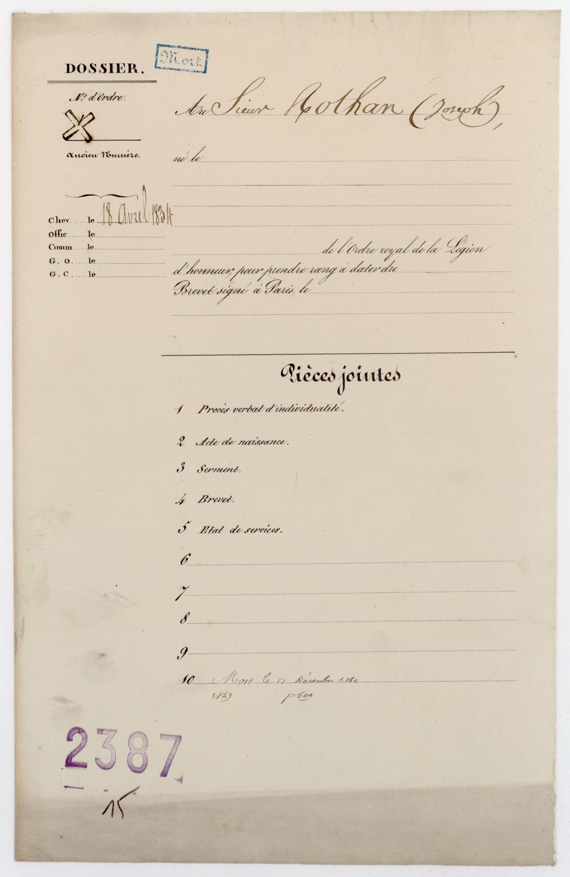 Rothan, Joseph (1792-....) (FranceArchives)